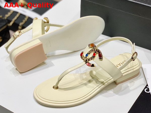 Chanel Thong Sandal in White Calfskin with Multicolor Metal CC Replica