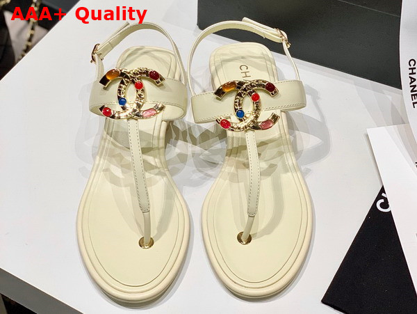 Chanel Thong Sandal in White Calfskin with Multicolor Metal CC Replica