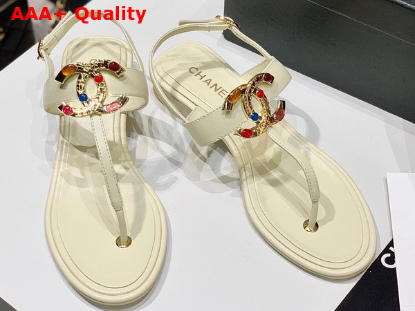 Chanel Thong Sandal in White Calfskin with Multicolor Metal CC Replica