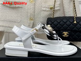 Chanel Thong Sandal in White Patent Leather with Leather Camellia Replica