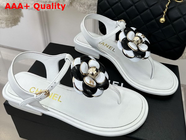 Chanel Thong Sandal in White Patent Leather with Leather Camellia Replica