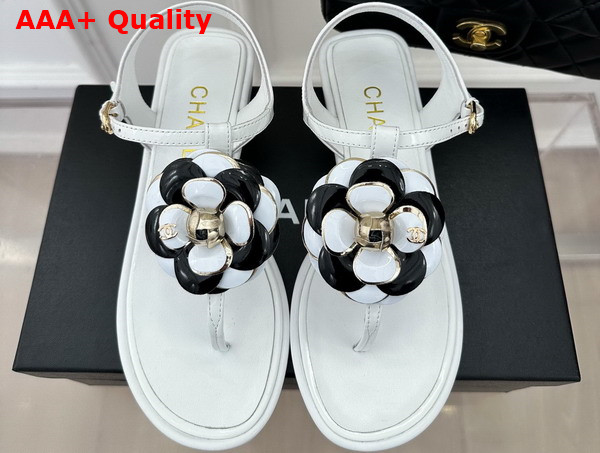 Chanel Thong Sandal in White Patent Leather with Leather Camellia Replica