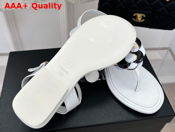 Chanel Thong Sandal in White Patent Leather with Leather Camellia Replica