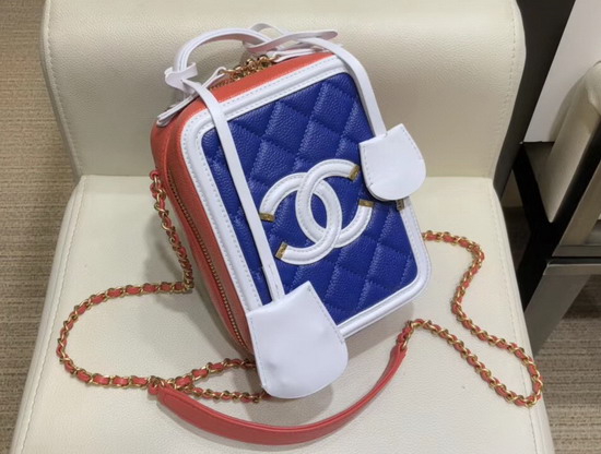 Chanel Vanity Case Grained Calfskin and Gold Tone Metal Blue White and Orange AS0988