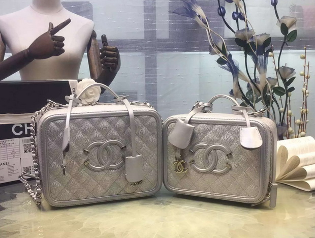 Chanel Vanity Case Grained Lambskin Silver for Sale