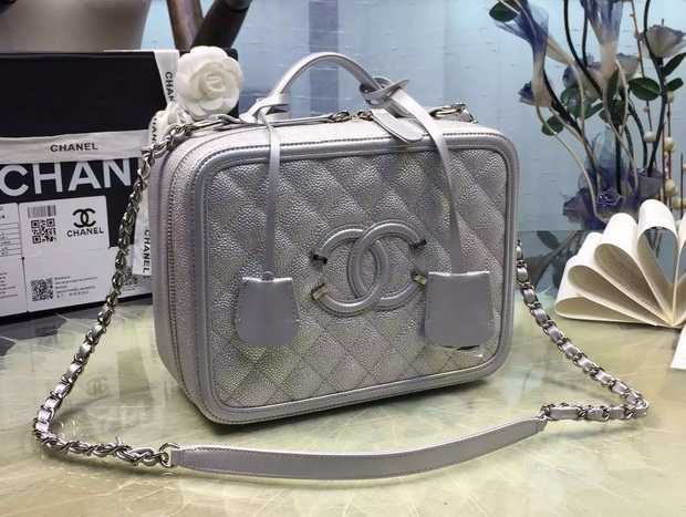 Chanel Vanity Case Grained Lambskin Silver for Sale