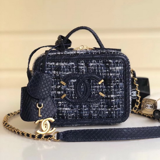 Chanel Vanity Case Tweed Elaphe Gold Tone Metal Navy Blue