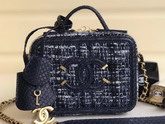 Chanel Vanity Case Tweed Elaphe Gold Tone Metal Navy Blue