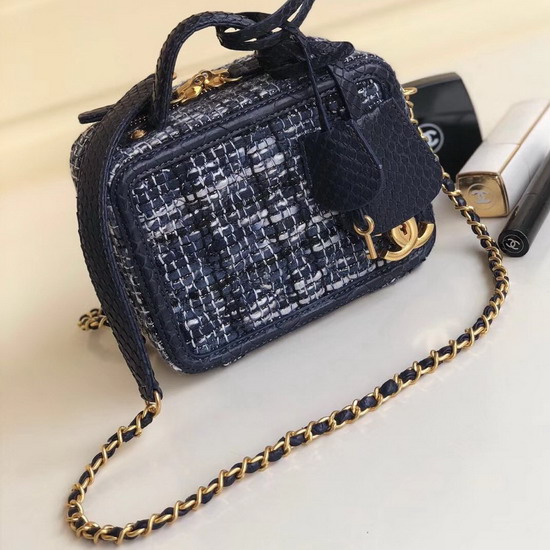 Chanel Vanity Case Tweed Elaphe Gold Tone Metal Navy Blue