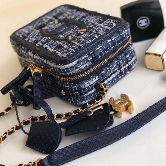 Chanel Vanity Case Tweed Elaphe Gold Tone Metal Navy Blue