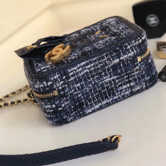 Chanel Vanity Case Tweed Elaphe Gold Tone Metal Navy Blue