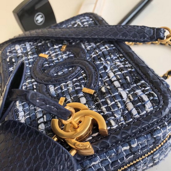 Chanel Vanity Case Tweed Elaphe Gold Tone Metal Navy Blue