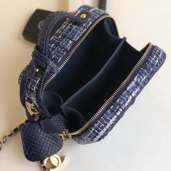 Chanel Vanity Case Tweed Elaphe Gold Tone Metal Navy Blue