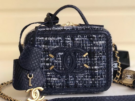 Chanel Vanity Case Tweed Elaphe Gold Tone Metal Navy Blue