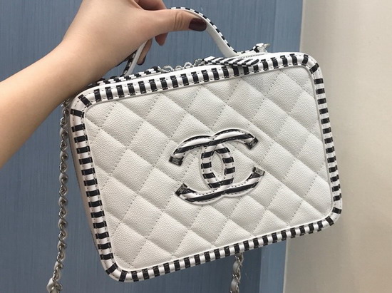 Chanel Vanity Case White and Black Grained Calfskin Silver Tone Metal A93343