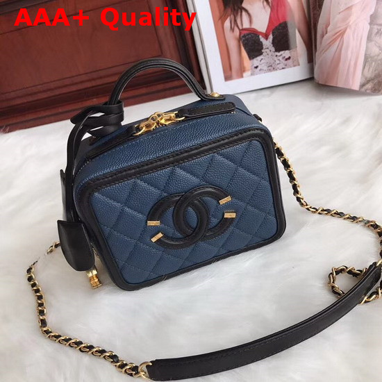 Chanel Vanity Case in Dark Blue Grained Calfskin Gold Tone Metal Replica