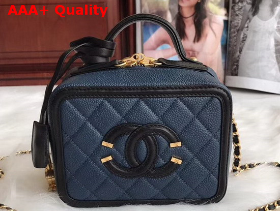 Chanel Vanity Case in Dark Blue Grained Calfskin Gold Tone Metal Replica