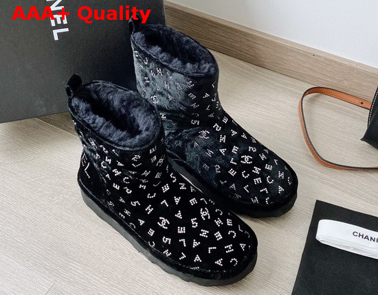 Chanel Velvet Snow Boots in Black Decorated with Crystas Replica