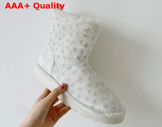 Chanel Velvet Snow Boots in White Decorated with Crystas Replica