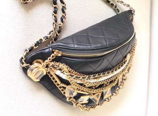 Chanel Waist Bag Lambskin Gold Tone and Silver Tone Metal Black AS0775