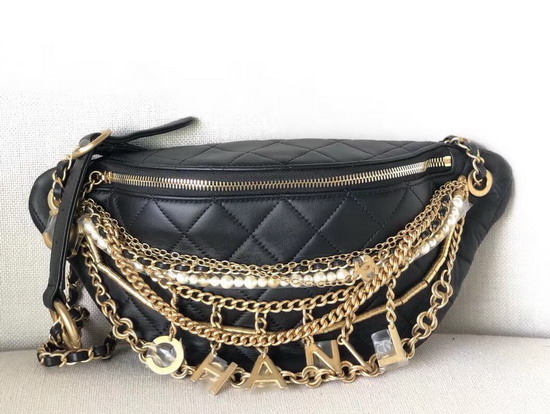 Chanel Waist Bag Lambskin Gold Tone and Silver Tone Metal Black AS0775