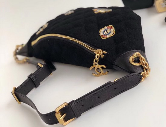 Chanel Waist Bag Wool Lambskin Charms Gold Tone Metal Black A57869