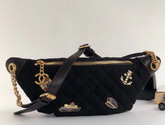 Chanel Waist Bag Wool Lambskin Charms Gold Tone Metal Black A57869