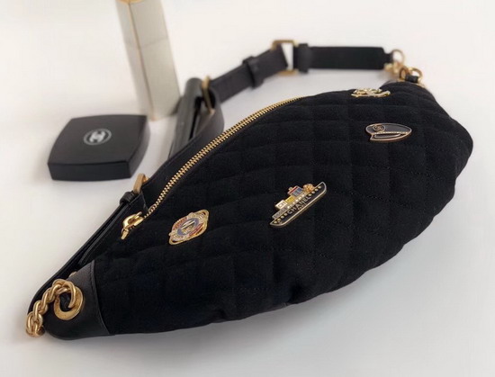 Chanel Waist Bag Wool Lambskin Charms Gold Tone Metal Black A57869