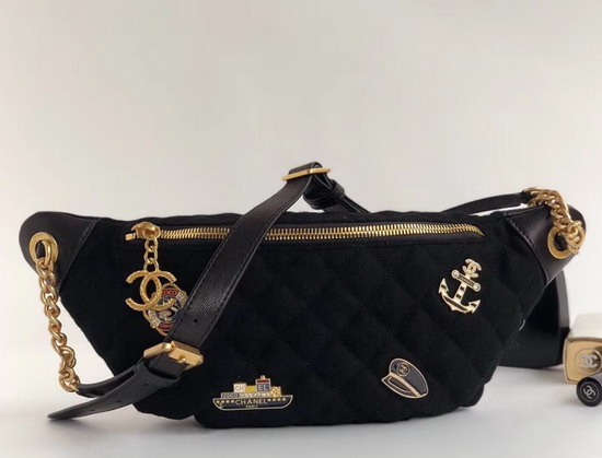 Chanel Waist Bag Wool Lambskin Charms Gold Tone Metal Black A57869