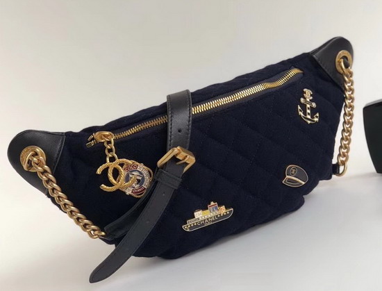 Chanel Waist Bag Wool Lambskin Charms Gold Tone Metal Navy Blue A57869