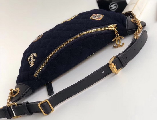 Chanel Waist Bag Wool Lambskin Charms Gold Tone Metal Navy Blue A57869