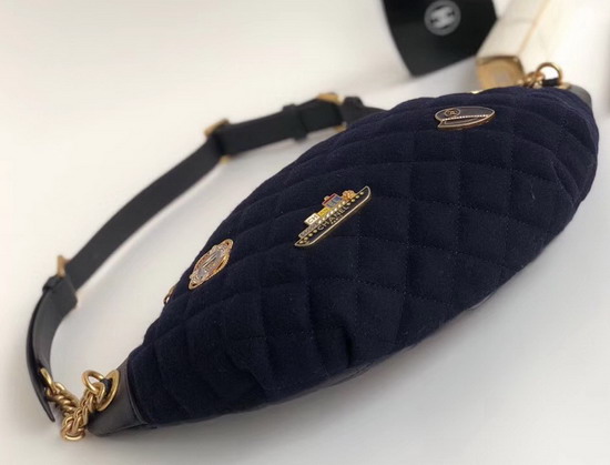 Chanel Waist Bag Wool Lambskin Charms Gold Tone Metal Navy Blue A57869