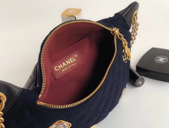 Chanel Waist Bag Wool Lambskin Charms Gold Tone Metal Navy Blue A57869