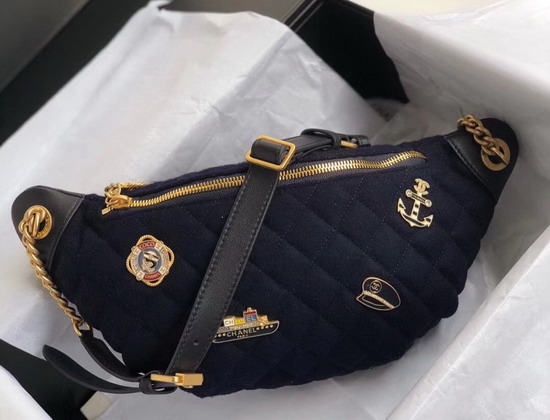 Chanel Waist Bag Wool Lambskin Charms Gold Tone Metal Navy Blue A57869