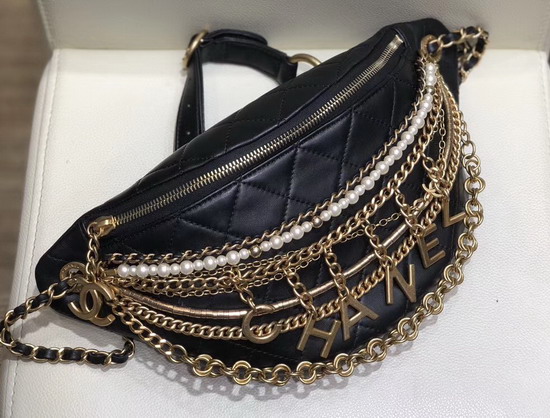 Chanel Waist Bag in Black Lambskin Decorated with Bag Charm Chain AS0775