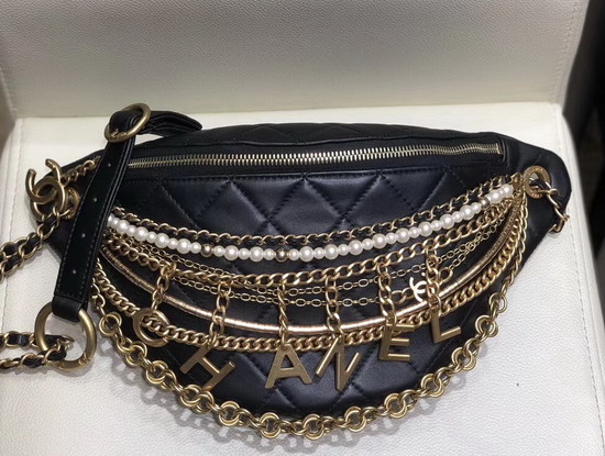 Chanel Waist Bag in Black Lambskin Decorated with Bag Charm Chain AS0775