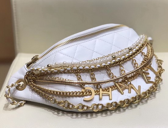 Chanel Waist Bag in White Lambskin Decorated with Bag Charm Chain AS0775