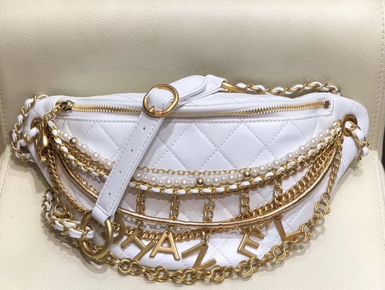 Chanel Waist Bag in White Lambskin Decorated with Bag Charm Chain AS0775