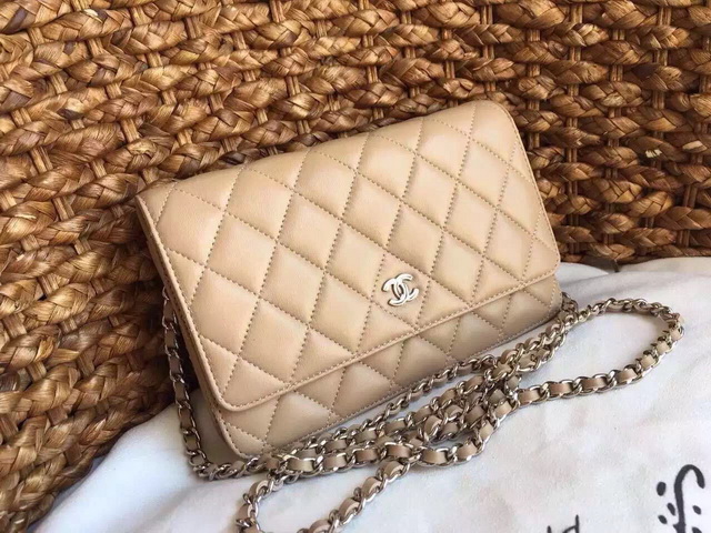 Chanel Wallet On Chain Apricot Lambskin Silver Chain for Sale