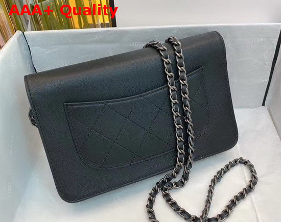 Chanel Wallet On Chain Black Calfskin Gold Tone Silver Tone and Ruthenium Finish Metal Replica