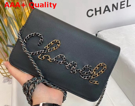 Chanel Wallet On Chain Black Calfskin Gold Tone Silver Tone and Ruthenium Finish Metal Replica