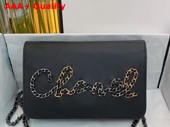 Chanel Wallet On Chain Black Calfskin Gold Tone Silver Tone and Ruthenium Finish Metal Replica