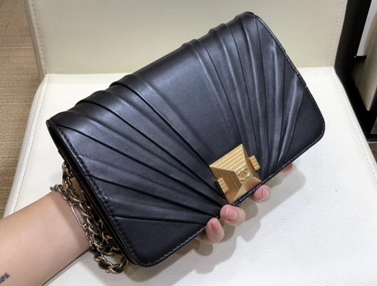 Chanel Wallet On Chain Black Pleated Lambskin and Gold Tone Metal AP0388