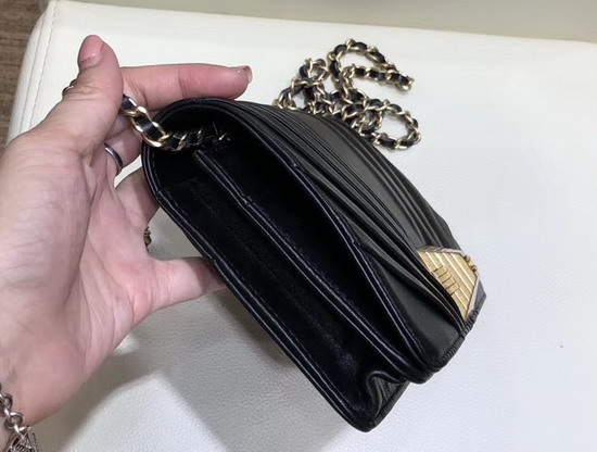 Chanel Wallet On Chain Black Pleated Lambskin and Gold Tone Metal AP0388