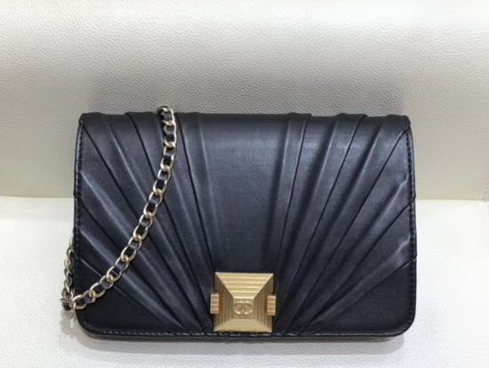 Chanel Wallet On Chain Black Pleated Lambskin and Gold Tone Metal AP0388