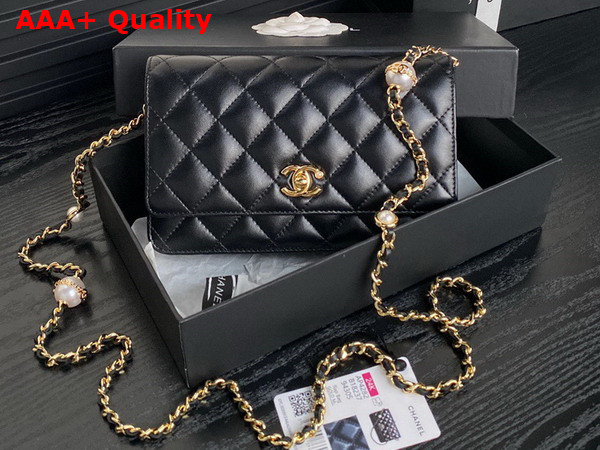 Chanel Wallet On Chain Black Shiny Lambskin Imitation Pearls Gold Tone Metal AP4282 Replica