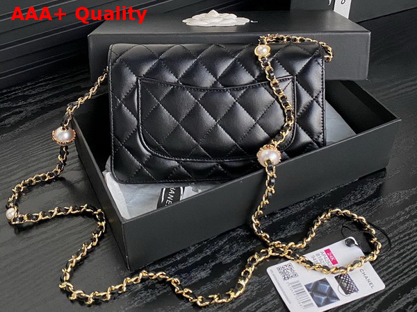 Chanel Wallet On Chain Black Shiny Lambskin Imitation Pearls Gold Tone Metal AP4282 Replica