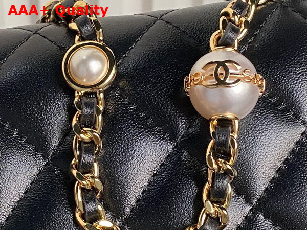 Chanel Wallet On Chain Black Shiny Lambskin Imitation Pearls Gold Tone Metal AP4282 Replica