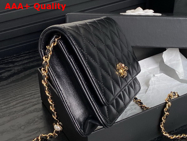 Chanel Wallet On Chain Black Shiny Lambskin Imitation Pearls Gold Tone Metal AP4282 Replica