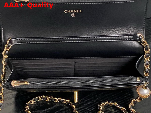 Chanel Wallet On Chain Black Shiny Lambskin Imitation Pearls Gold Tone Metal AP4282 Replica